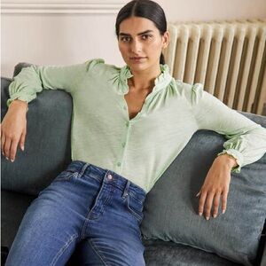 Boden Broderie Trim Jersey Shirt | Mint Green | Size US 4R | 100% Cotton